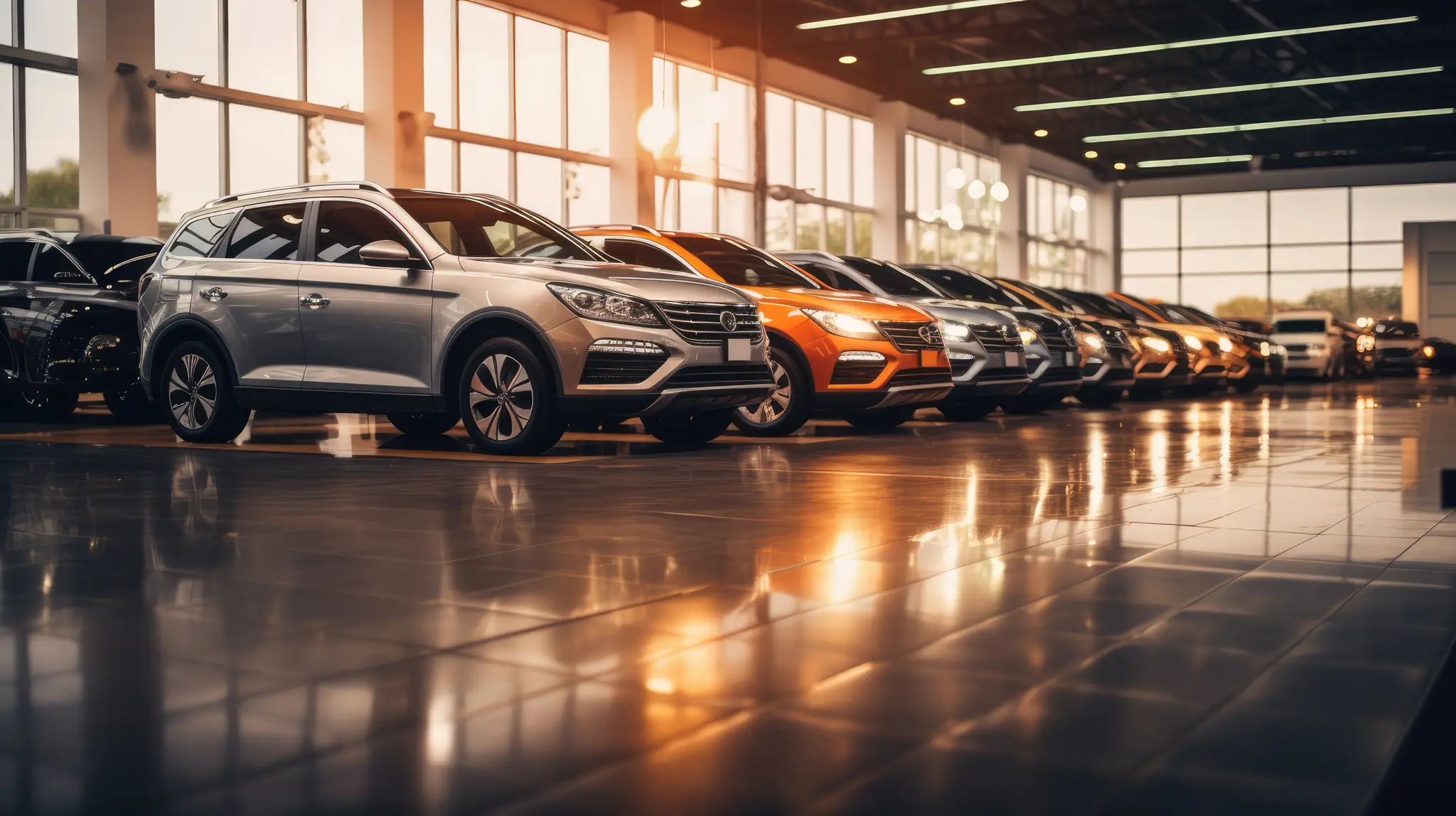 Warm dealership interior with a long, orderly row of vehicles on a reflective floor